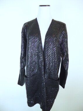 FRENCH RAGS HANDLOOMED black cardigan SWEATER duster USA VINTAGE Paillettes M